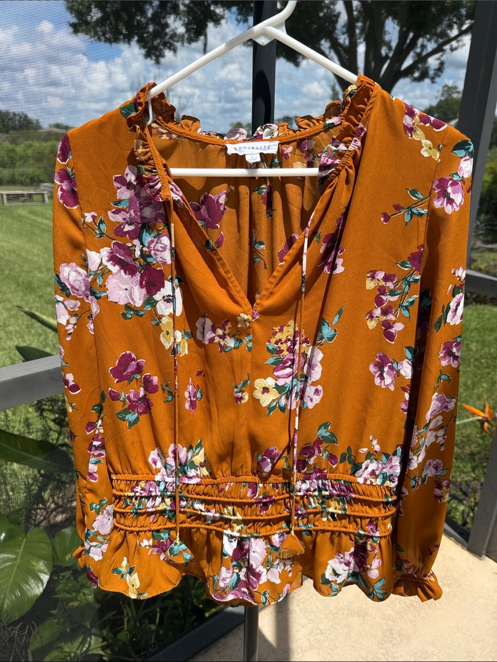 Socialite Mustard Floral Smocked Peasant Blouse